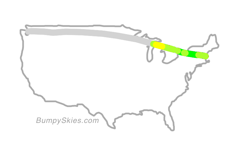 Map of continental US with illustrated flight path and turbulence forecast (described in text below)