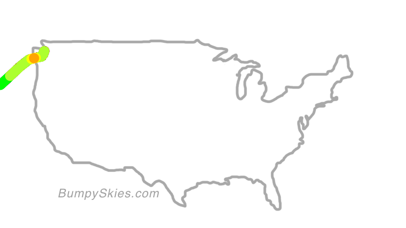 Map of continental US with illustrated flight path and turbulence forecast (described in text below)