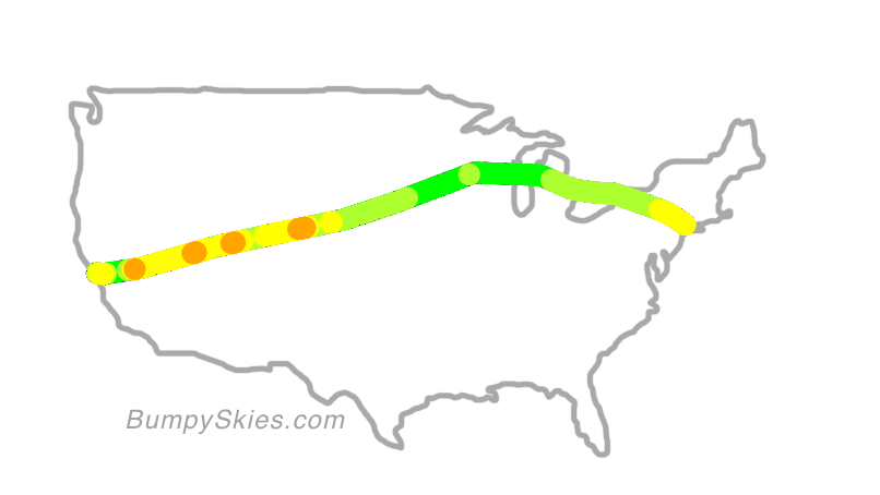 Map of continental US with illustrated flight path and turbulence forecast (described in text below)