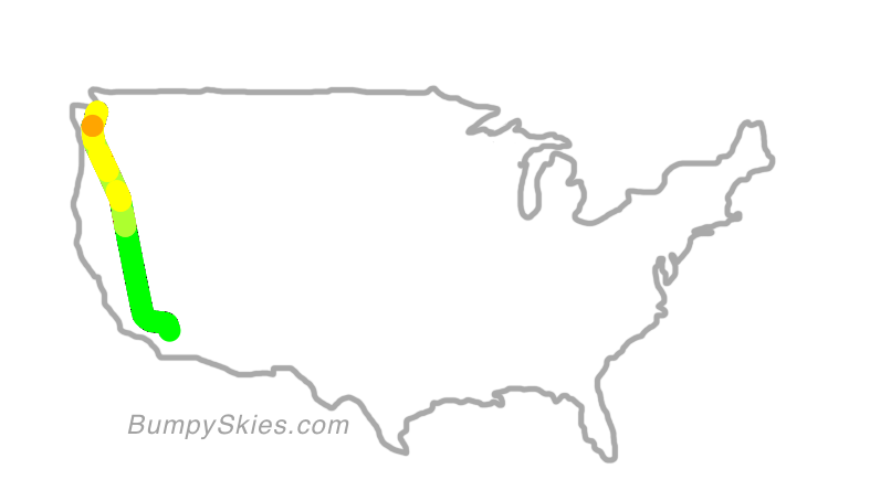 Map of continental US with illustrated flight path and turbulence forecast (described in text below)