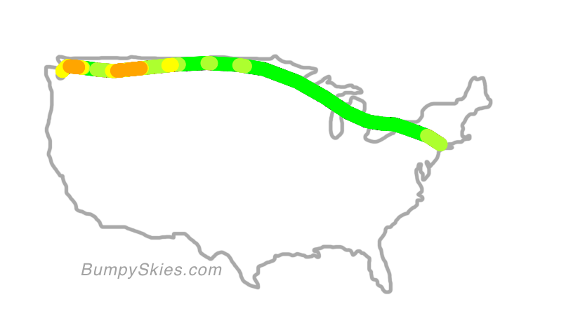 Map of continental US with illustrated flight path and turbulence forecast (described in text below)