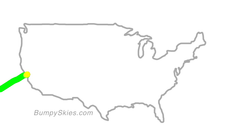 Map of continental US with illustrated flight path and turbulence forecast (described in text below)