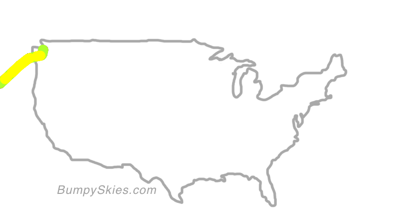 Map of continental US with illustrated flight path and turbulence forecast (described in text below)