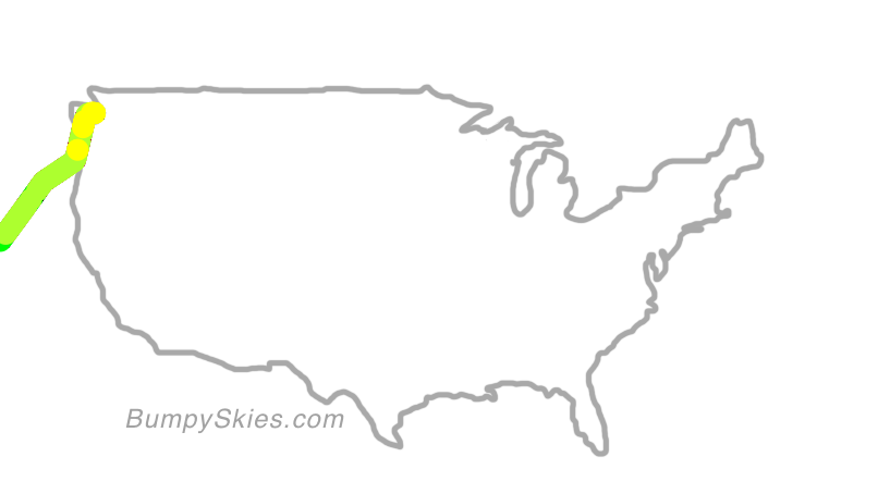 Map of continental US with illustrated flight path and turbulence forecast (described in text below)