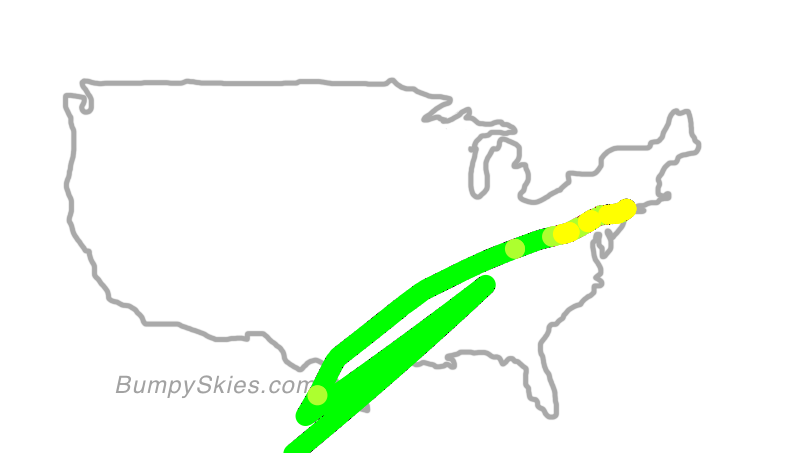 Map of continental US with illustrated flight path and turbulence forecast (described in text below)