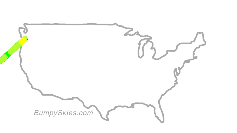 Map of continental US with illustrated flight path and turbulence forecast (described in text below)