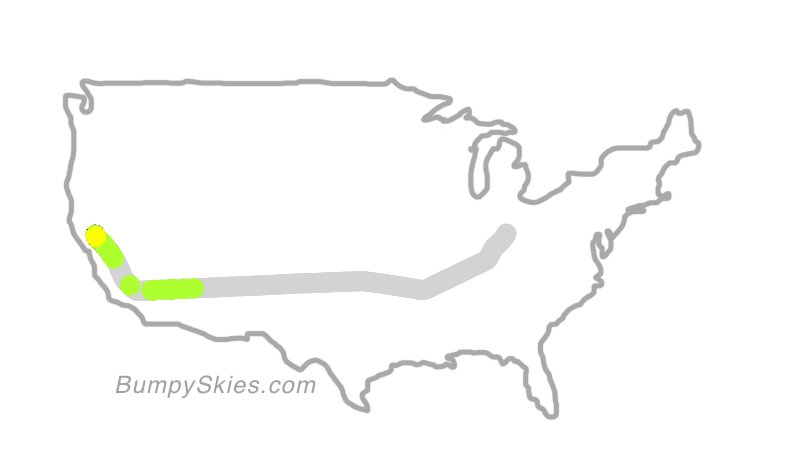 Map of continental US with illustrated flight path and turbulence forecast (described in text below)