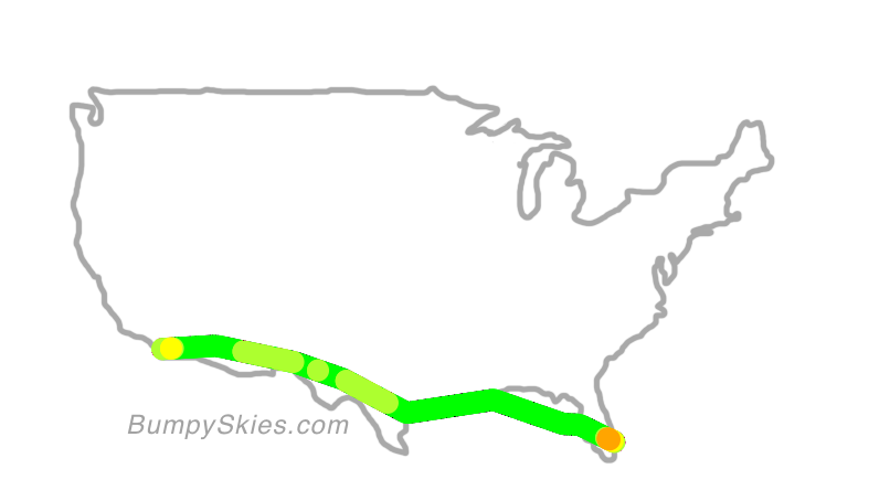 Map of continental US with illustrated flight path and turbulence forecast (described in text below)