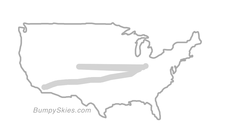 Map of continental US with illustrated flight path and turbulence forecast (described in text below)