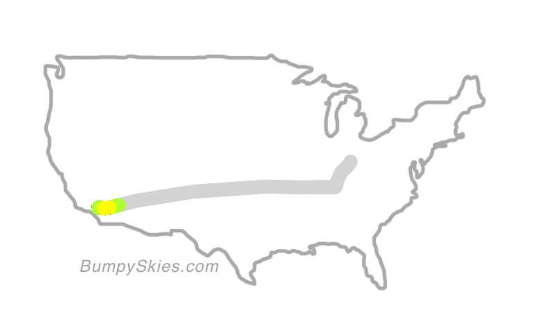 Map of continental US with illustrated flight path and turbulence forecast (described in text below)