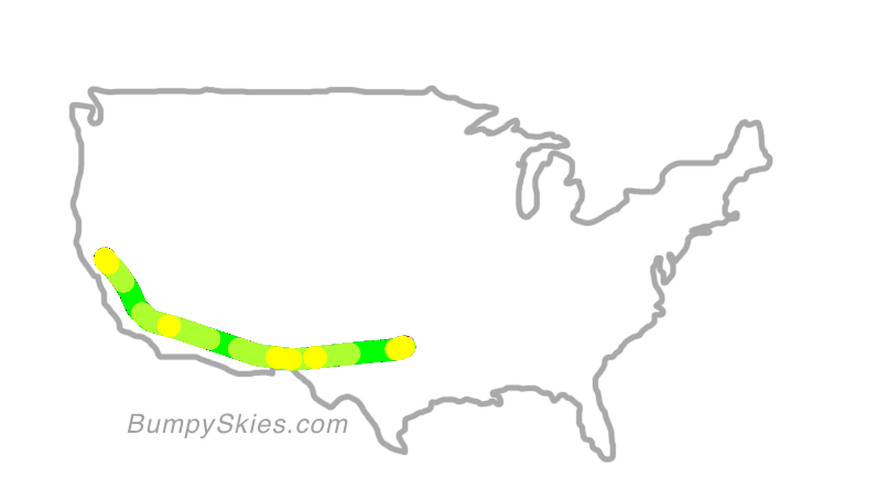 Map of continental US with illustrated flight path and turbulence forecast (described in text below)