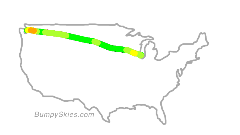 Map of continental US with illustrated flight path and turbulence forecast (described in text below)