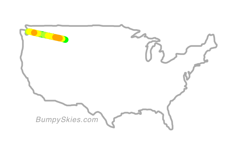 Map of continental US with illustrated flight path and turbulence forecast (described in text below)