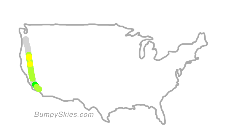 Map of continental US with illustrated flight path and turbulence forecast (described in text below)