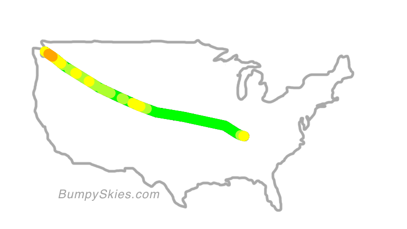 Map of continental US with illustrated flight path and turbulence forecast (described in text below)