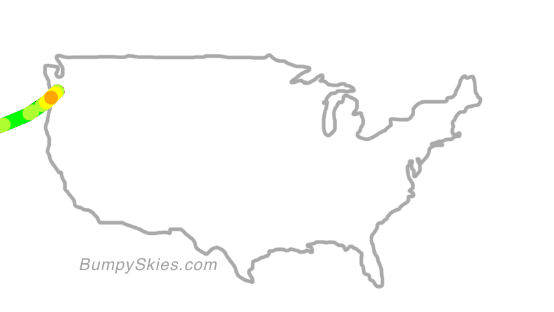 Map of continental US with illustrated flight path and turbulence forecast (described in text below)