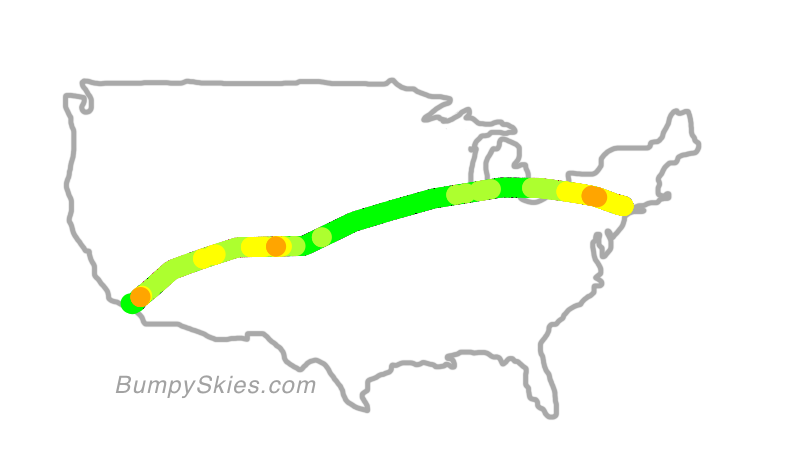 Map of continental US with illustrated flight path and turbulence forecast (described in text below)