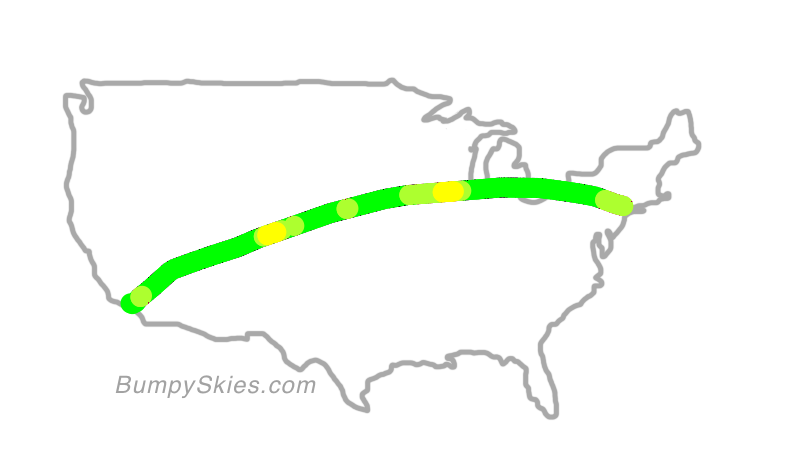 Map of continental US with illustrated flight path and turbulence forecast (described in text below)