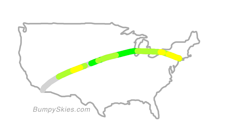 Map of continental US with illustrated flight path and turbulence forecast (described in text below)