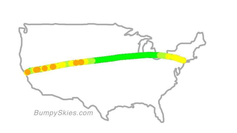 Map of continental US with illustrated flight path and turbulence forecast (described in text below)