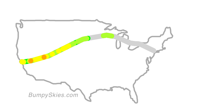 Map of continental US with illustrated flight path and turbulence forecast (described in text below)