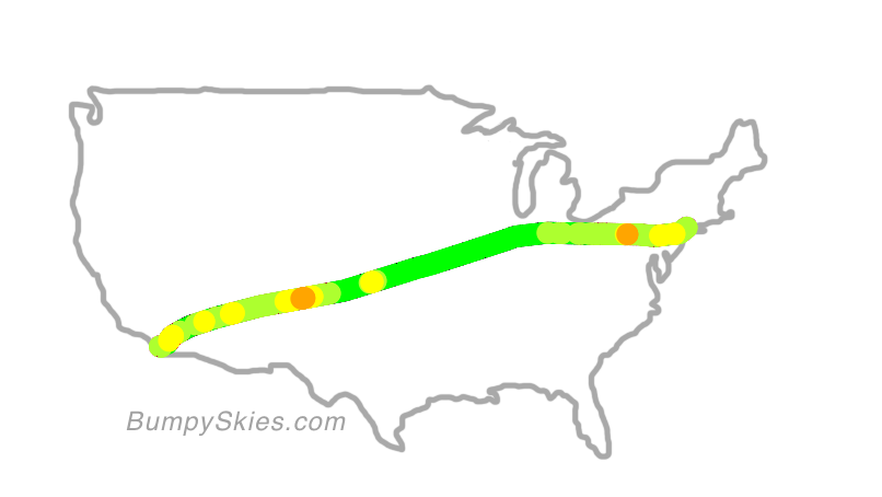 Map of continental US with illustrated flight path and turbulence forecast (described in text below)