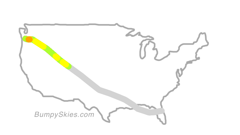 Map of continental US with illustrated flight path and turbulence forecast (described in text below)