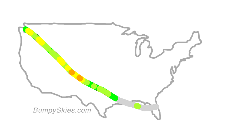 Map of continental US with illustrated flight path and turbulence forecast (described in text below)