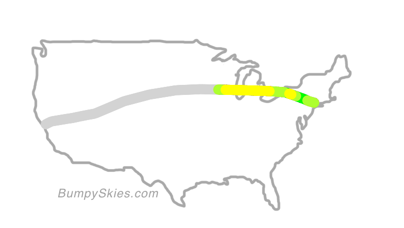 Map of continental US with illustrated flight path and turbulence forecast (described in text below)