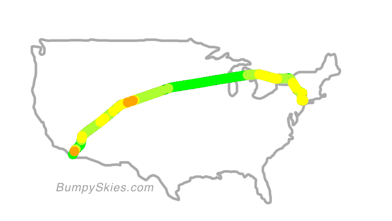 Map of continental US with illustrated flight path and turbulence forecast (described in text below)
