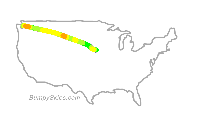 Map of continental US with illustrated flight path and turbulence forecast (described in text below)