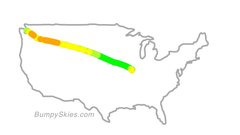 Map of continental US with illustrated flight path and turbulence forecast (described in text below)