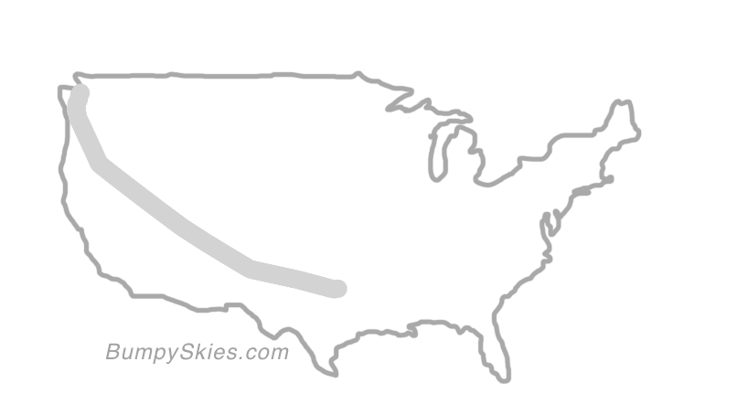 Map of continental US with illustrated flight path and turbulence forecast (described in text below)