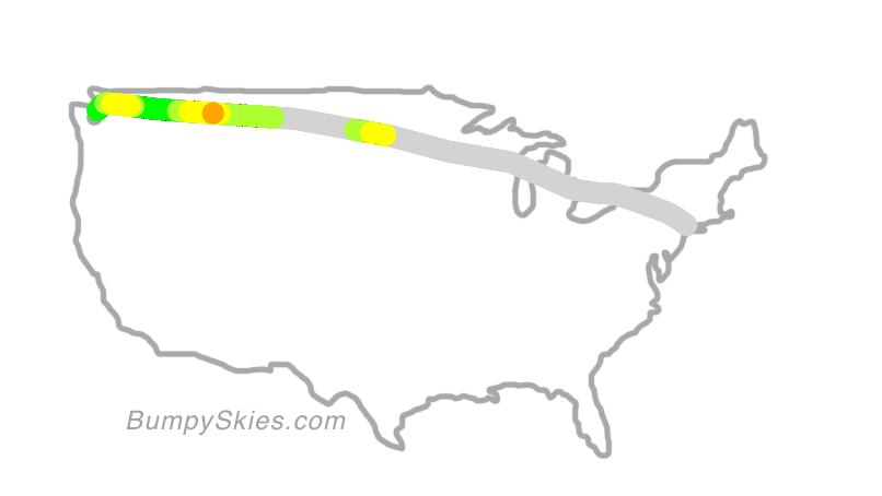 Map of continental US with illustrated flight path and turbulence forecast (described in text below)