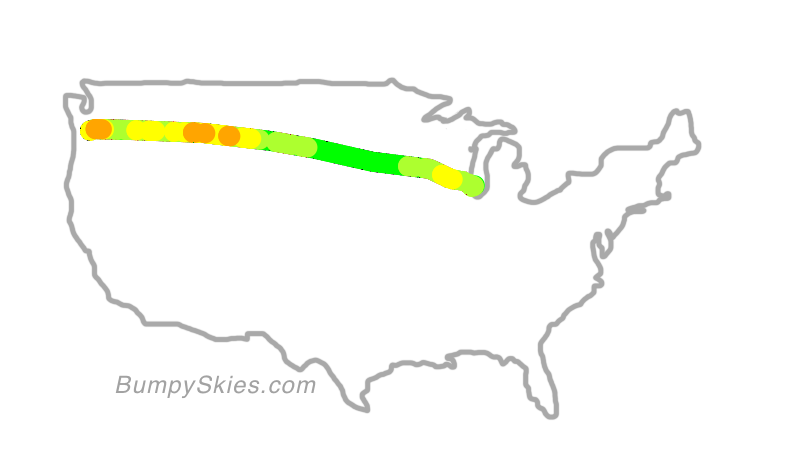 Map of continental US with illustrated flight path and turbulence forecast (described in text below)