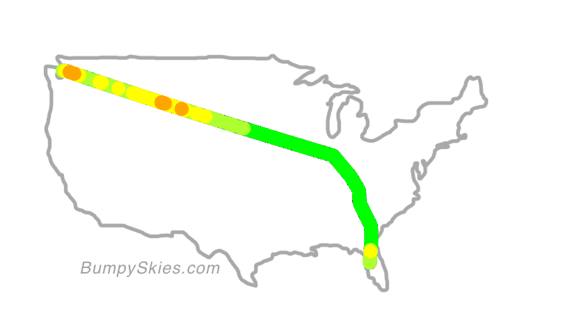 Map of continental US with illustrated flight path and turbulence forecast (described in text below)