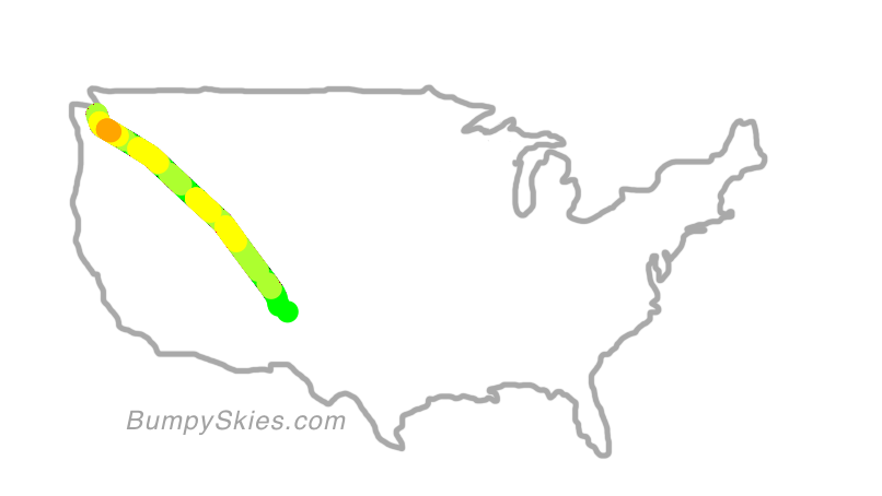 Map of continental US with illustrated flight path and turbulence forecast (described in text below)