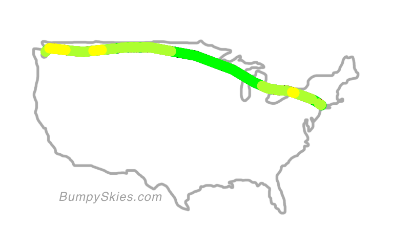 Map of continental US with illustrated flight path and turbulence forecast (described in text below)