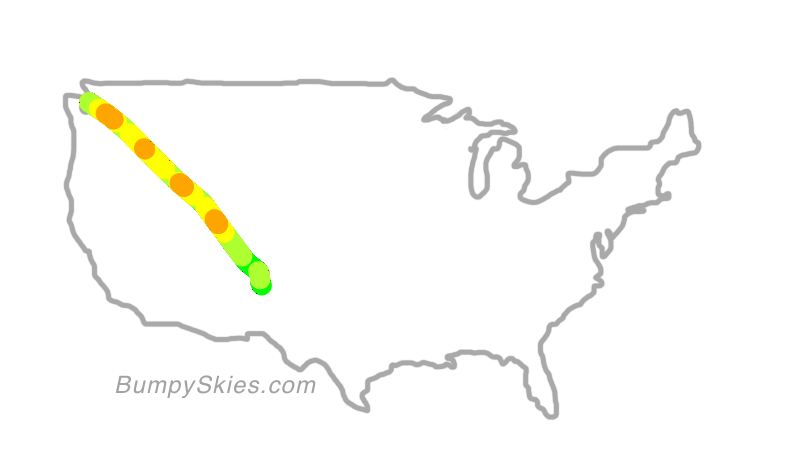 Map of continental US with illustrated flight path and turbulence forecast (described in text below)