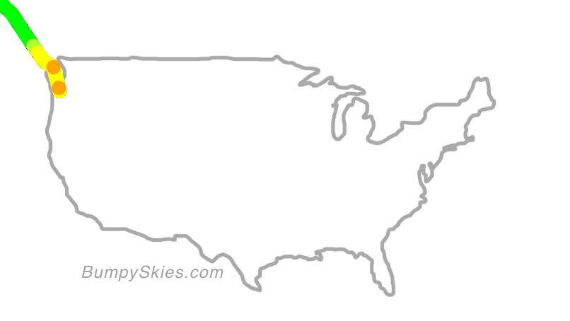 Map of continental US with illustrated flight path and turbulence forecast (described in text below)