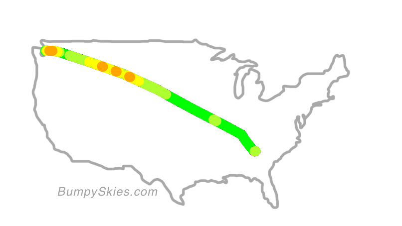 Map of continental US with illustrated flight path and turbulence forecast (described in text below)