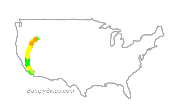 Map of continental US with illustrated flight path and turbulence forecast (described in text below)