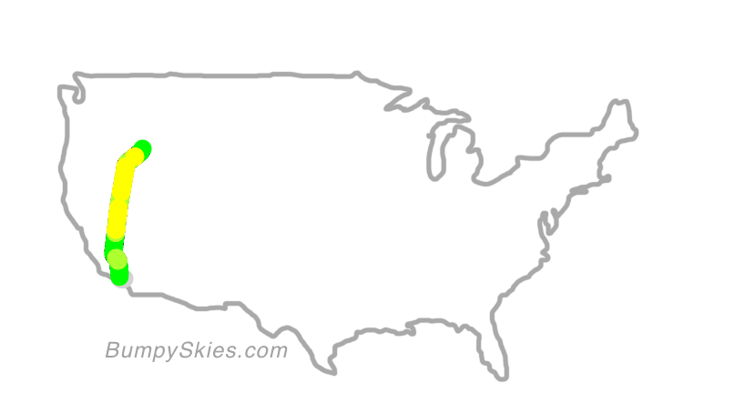 Map of continental US with illustrated flight path and turbulence forecast (described in text below)