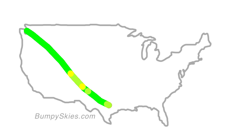 Map of continental US with illustrated flight path and turbulence forecast (described in text below)