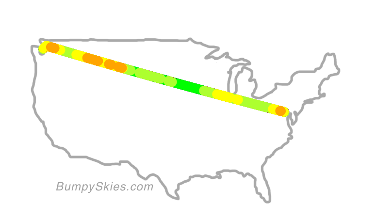 Map of continental US with illustrated flight path and turbulence forecast (described in text below)