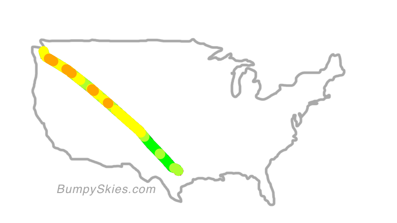 Map of continental US with illustrated flight path and turbulence forecast (described in text below)