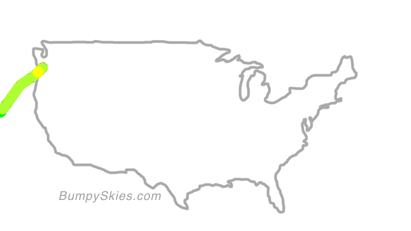 Map of continental US with illustrated flight path and turbulence forecast (described in text below)