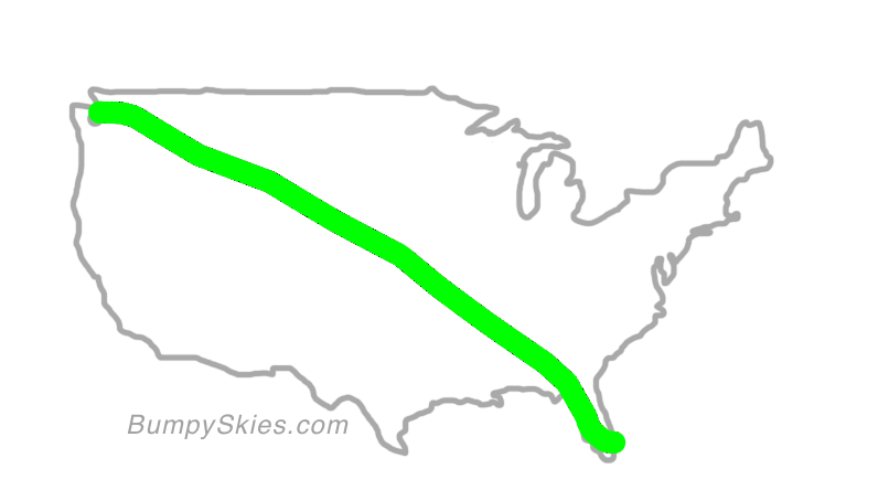 Map of continental US with illustrated flight path and turbulence forecast (described in text below)