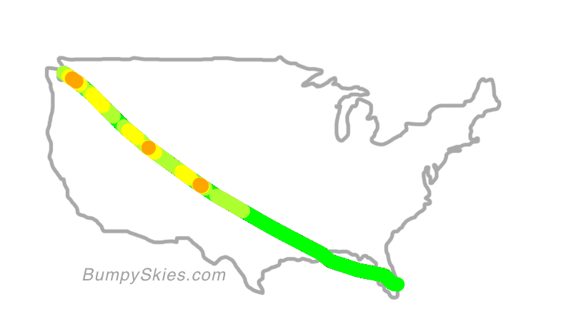 Map of continental US with illustrated flight path and turbulence forecast (described in text below)