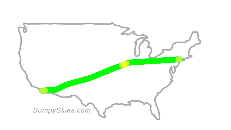 Map of continental US with illustrated flight path and turbulence forecast (described in text below)
